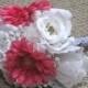 Pink Daisy White Rose Silk Bridal Bouquet, Silk Flower Bouquet, with Lace Doily, Wedding Bouquet