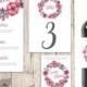 Pink and Purple Wedding table decorations, personalised wedding wine labels, wedding menu, wedding wreath, wedding decor table numbers