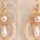 Bridal Pearl Chandelier Earrings Row Of Ivory Pearls Bridal Earrings Gold Weddings Earrings Victorian Statement Earrings Rhinestone Crystals