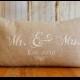 Mr. and Mrs. Pillow Cover, 12x20 lumbar, choice of black or vintage white writing on Natural Linen,Customized  Established Year