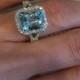 Aquamarine Engagement Ring 11x9mm Cushion Split Shank 14kt White Gold Natural Diamond Halo Engagement Wedding Birthstone Ring