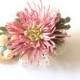 Crochet brooch with dusty pink flower and mother of pearl beads, crochet art, micro crochet, OOAK