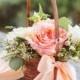 Basket With Peach And Green Florals And Peach Ribbon