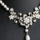 Wedding Necklace, White Pearl Necklace, Vintage Rhinestone Flowers, Swarovski Wedding Jewelry, Sabine Classic