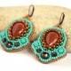 Turquoise Copper Earrings Bead Embroidered Earrings Goldstone Earrings Beadwork Eearrings Seed Bead Earrings Bead Embroidery Gift for mom
