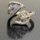 Art Deco 14K Yellow Gold Diamond Engagement Ring - 14K Gold Art Deco Baguette Diamond Wedding Ring - Pave Diamond Leaf Ring - Art Deco Ring