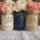 Set Of 3 Pint Mason Jars, Painted Mason Jars, Rustic Centerpieces, Baby Shower Decorations, Navy Blue, Tan And Creme Mason Jars