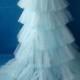 Fantasy white and blue lace wedding dress with detachable train