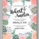 Wedding invitation template with succulents and rose bouquet with eucaliptus leaf