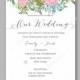 Wedding invitation with watercolor rose flower and laurel in wreath