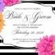 Wedding card or invitation with chrysanthemum flowers on striped background