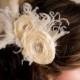Bridal Hairpiece - Wedding Fascinator - Ivory Hair Clip - Feather Fascinator - Satin Flower