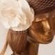 BRIDAL BIRDCAGE VEIL.Flower Headband Unique Ivory Cream Flower with Veil . Wedding Hair Accessory. Handmade Taffeta Flower