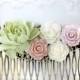 Bridal Hair Comb Large Dusty Pink Ivory Mauve Mint Pistachio Green Wedding Hair Comb Gold Leaf  Powder Pink Rose Garden Wedding Hairpiece