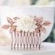 Rose Gold Hair Comb Bridal Hair Comb Rose Gold Wedding Hair Accessory Leaf Branch White Rose Flower Comb Vintage Wedding Fall Wedding