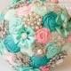 SALE!!! Brooch Bouquet. Pink blue mint Fabric Bouquet, Unique Wedding Bridal Bouquet