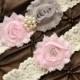 Wedding Garter, Bridal Garter Set - Ivory Lace Garter, Keepsake Garter, Toss Garter, Shabby Chiffon Rosette Light Pink Gray, Pink Garter