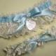 Something Blue Wedding Garter, Personalized Garter Set in Ivory Venise Lace with Engraving, a Bow and Rhinestones