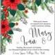 Poinsettia Wedding Invitation sample card beautiful winter floral ornament Christmas Party wreath poinsettia, pine branch fir tree, needle, flower bouquet Bridal shower complimentary template wording