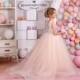 Blush Flower Girl Dress - Holiday Bridesmaid Wedding Party Birthday Blush Tulle Lace Flower Girl Dress 15-023