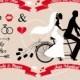 Wedding invitation, bride and groom on tandem bicycle, save the date, just married, Mr & Mrs, digital clip art set, ribbons, card, download