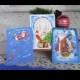 Set of 3 Christams Post Cards On Blue Background Santa Claus with Gifts, Dez Moroz Russian Happy New Year Character New Unused Post Cards