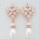 Rose Gold Earrings Crystal Wedding Earrings Bridesmaid Earrings White Ivory or Cream Swarovski Pearls Crystal Bridal Earrings, Astra
