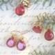 Christmas Bridesmaids Earrings,Holiday Translucent Ruby Red Bezels,Fine Gold Plate,Wedding Jewelry,Special Occasion,Bridal Earrings