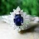 Blue Sapphire and Round & Baguette Diamond Engagement <Prong> Solid 14K White Gold (14KW) Colored Stone Ring *Fine Jewelry* (Free Shipping)