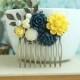 Yellow Navy Blue Comb, Yellow Wedding Comb, Blue Ivory Flower, Yellow Ivory, Blue, Brass Leaves Hair Comb, Rustic Bridesmaids Gift, Summer