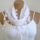 White Bridal Scarf Wedding Shawl, Cotton Scarf, Cowl with Lace Edge Flowers
