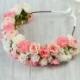 Flower crown, bridal flower tiara, ivory pink white roses, headband, woodland wedding, rustic, headpiece, head wreath