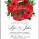 Poinsettia Wedding Invitation sample card beautiful winter floral ornament Christmas Party wreath poinsettia, pine branch fir tree, needle, flower bouquet Bridal shower ribbon template wording
