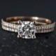 Rose Gold Forever One Moissanite Engagement Ring - Matching Half-Eternity Diamond Band - Prong Set