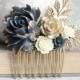 Floral Hair Piece Navy and Gold Wedding Bridal Hair Comb Vintage Style Antique Gold Branch Flowers for Hair Bridesmaids Gift Something Blue