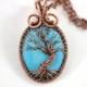 Blue Turquoise Tree-Of-Life Pendant Wired Copper Necklace Wire Wrapped Large Stone Pendant Turquoise Rustic Necklace  December Birthstone