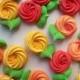 Fall colors royal icing rosettes with attached leaves  -- Cake decorations cupcake toppers fall autumn (24 pieces)