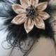 Black & Nude Feather Wedding Fascinator, Champagne and Black Bridal Hair Clip, Beige Flower Head Piece, Birdcage Veil, Steampunk Bride