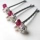 Raspberry Pink Crystal Hair Pin Cluster, Swarovski Bobby PIns Ruby