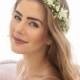 Green Leaf Rustic Floral Crown with Ivory Flowers, Woodland Wedding Hair Halo Flower Crown Boho Wedding Bridal Hair Wreath with Lace Ties