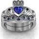 Sterling Silver Created Blue Sapphire Claddagh  Love and  Friendship Engagement Ring Set