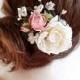 bridal hair clip, floral hair clip, bridal hair piece, floral hair comb, bridal hair flower, ivory flower hair clip, pink rose, garden wed