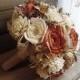 Ready to Ship ~~~ Rustic Burnt Orange Fall Bridal Bouquet Large, Sola Flowers, Burlap, Lace, Rhinestones