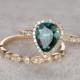 2pc Emerald Ring Bridal Set,Engagement ring Yellow gold,Diamond wedding band,14k,6x8mm Pear Cut,Green Treated Emerald Gemstone Promise Ring