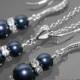 Navy Blue Pearl Earrings and Necklace Set STERLING SILVER Cz Pearl Set Swarovski Night Blue Pearl Jewelry Set Wedding Dark Blue Jewelry Set