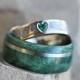 Unique Wedding Ring Set, Rustic Bridal Set with Green Box Elder Burl and Heart Shaped Emerald, Meteorite Engagement Ring