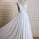 V-Neck Wedding Dress with Cap Sleeves A-line Chiffon Skirt Bridal Gown with V-Back Lace Bodice Wedding Dress with Waistband