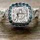 Cushion Cut Diamond Engagement Ring in 14K White Gold with Teal Blue Diamonds in Flowers & Leafs on Vine Setting Size 5