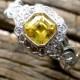 Asscher Cut Yellow Sapphire Engagement Ring in 14K White Gold with Diamonds in Flowers and Leafs on Vine Motif Size 6