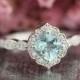 Mini Vintage Floral Aquamarine Engagement Ring 14k White Gold Scalloped Diamond Wedding Band 6x6mm Cushion Cut Color Gemstone Ring